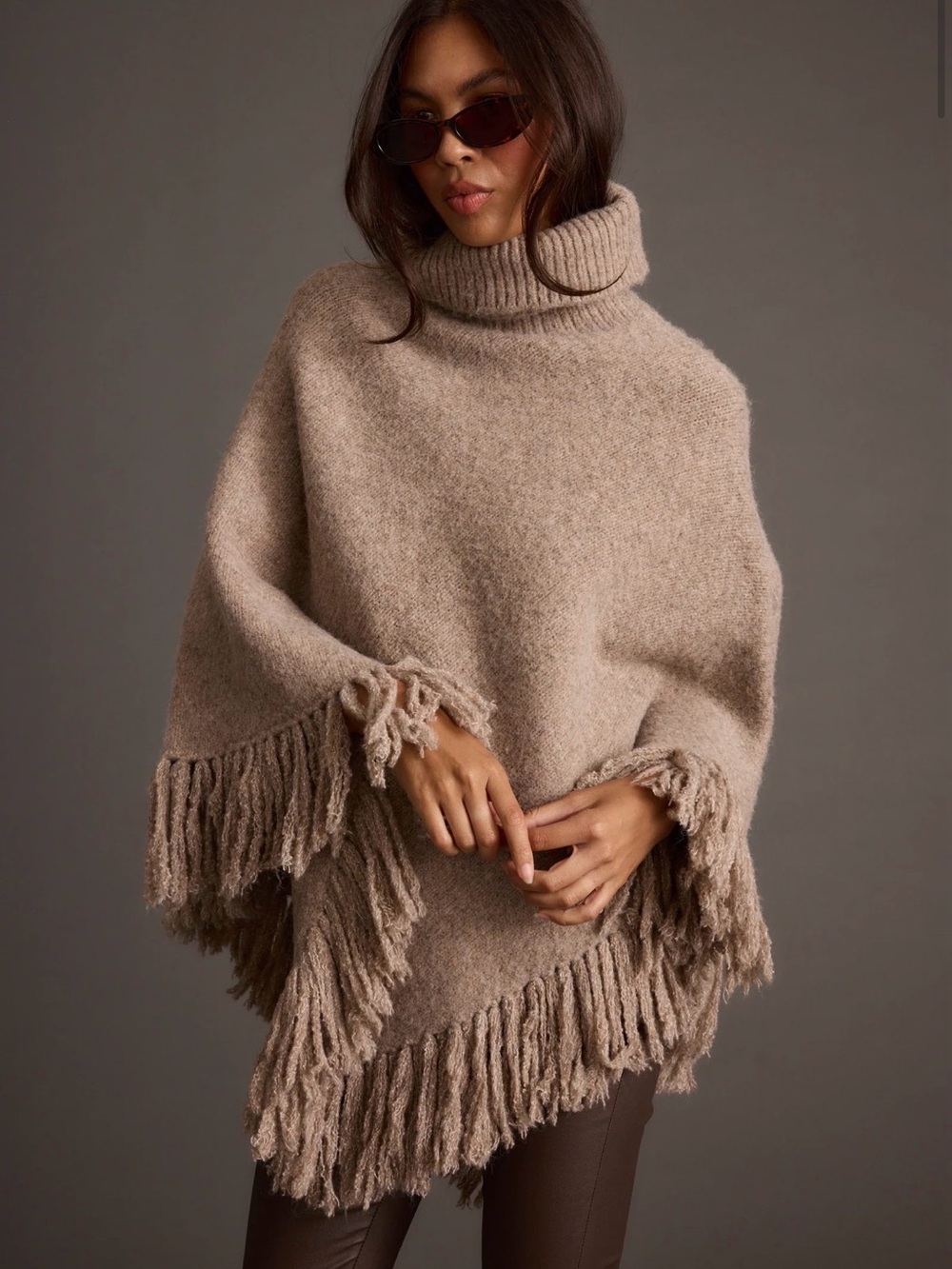 12th Tribe Taupe Fringe Turtleneck Poncho